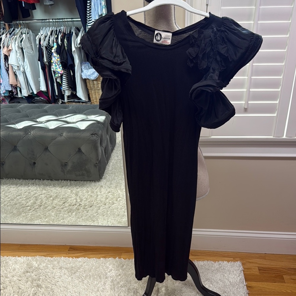 Stunning Vintage Authentic Lanvin Short Black Dress. Viscose with silk sleeves.